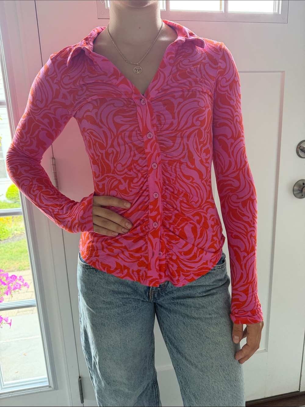 Sanctuary Women's Size Small Long Sleeve Button-Up Pink and Orange Ruched Top